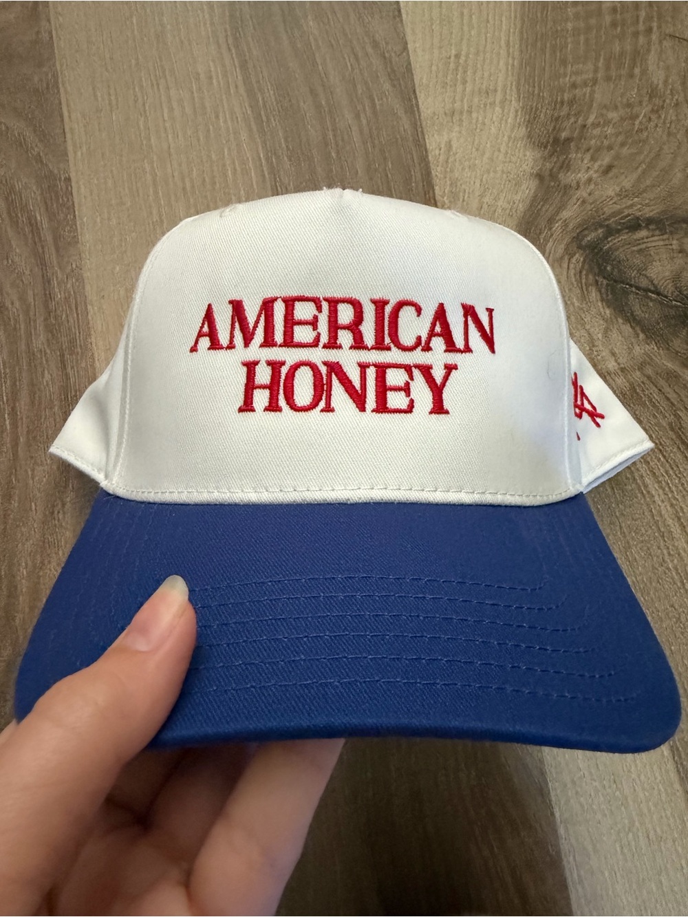 White and Blue Trucker Hat with Red Embroidery